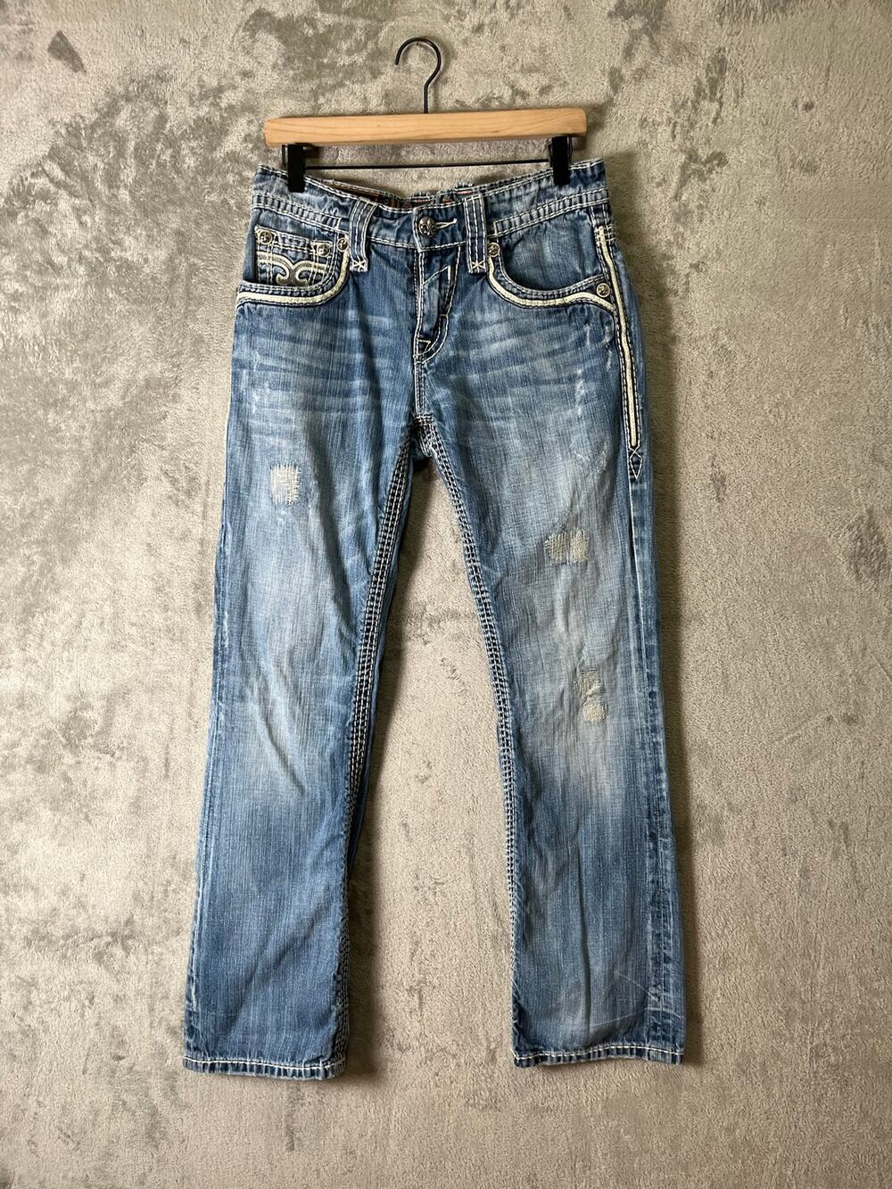 Rock Revival Kael Boot Distressed Straight Leg Jeans Blue Wash Western Y2K 30